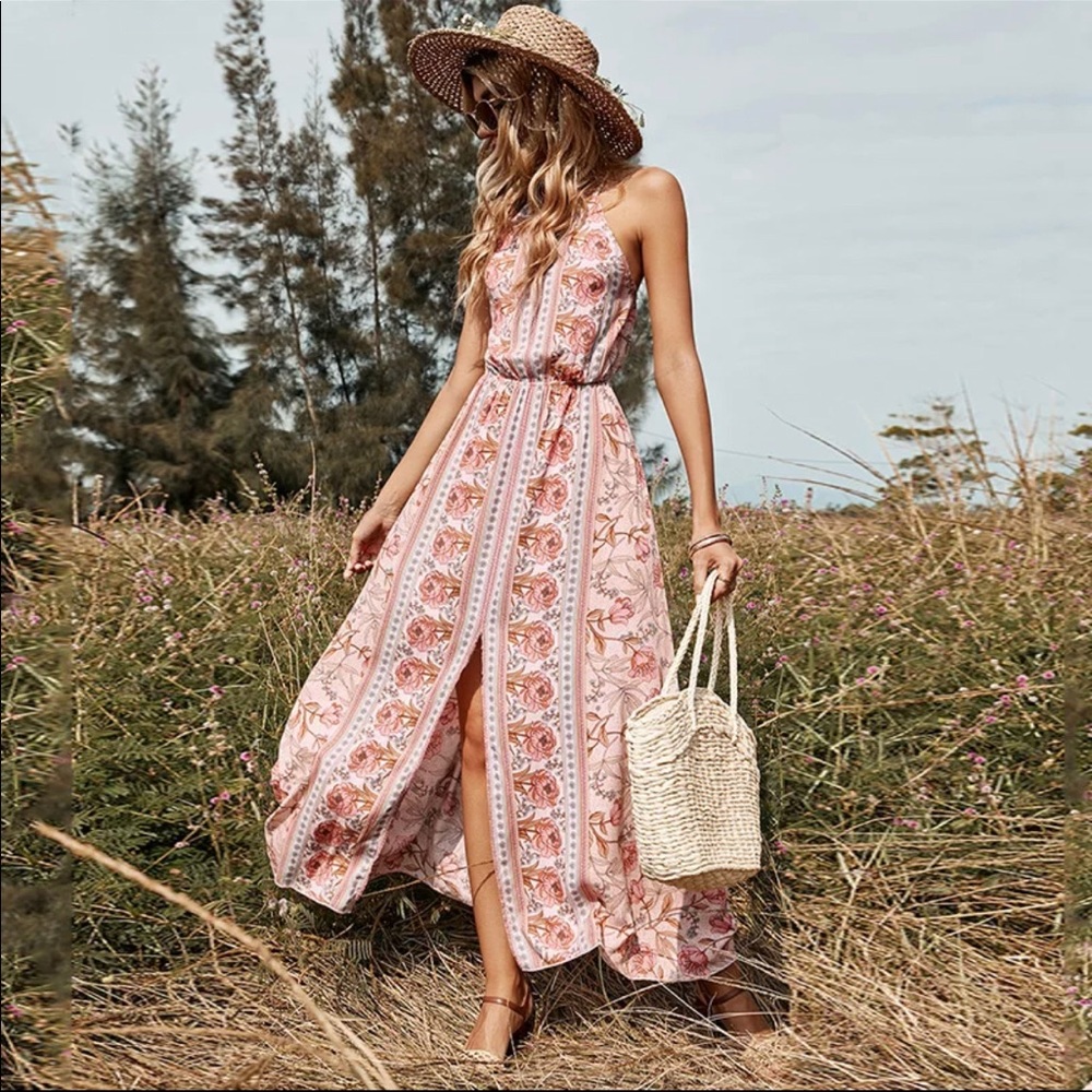Pink boho floral print maxi halter backless summer dress